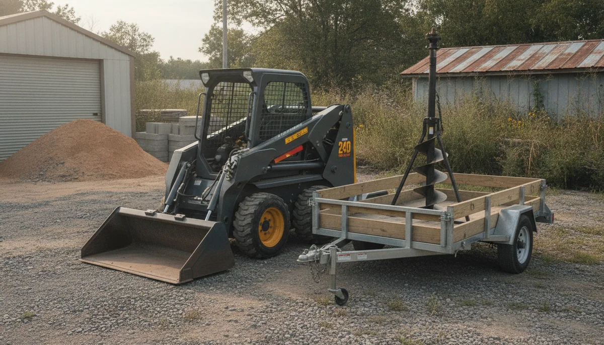 A compact mini skid steer stands beside a small utility trailer in a modest contractor yard, with a bucket and auger ready for different jobs.