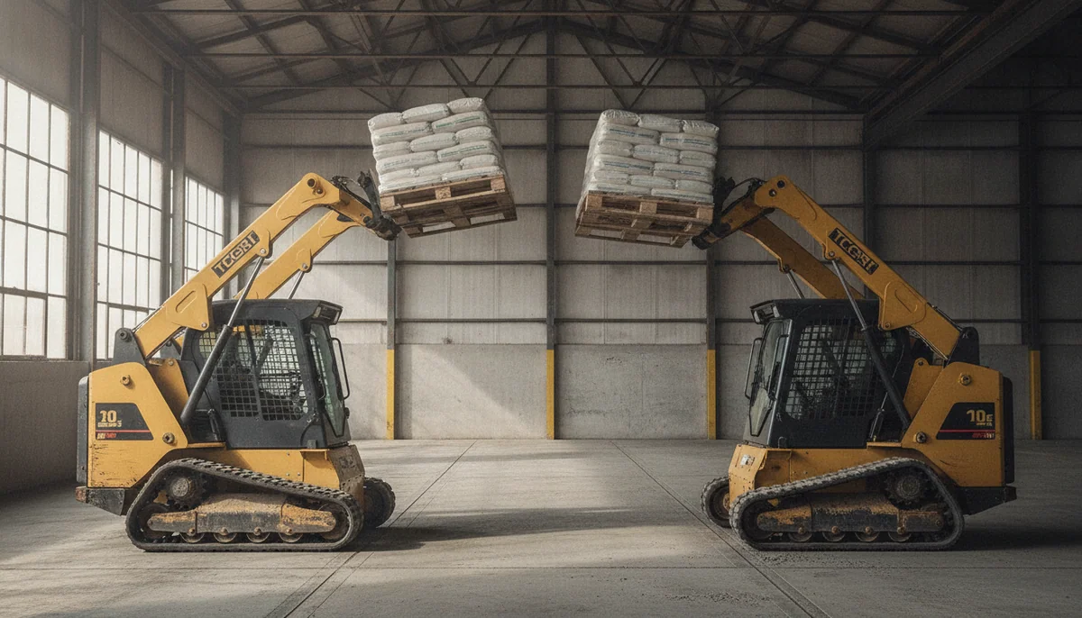 Two compact tracked mini skid steers raise matching pallet loads in adjacent bays, with their lift heights and chassis lengths visible.