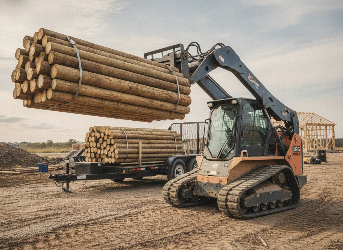 The loader raises a bundle of fence posts from a utility trailer while its rubber tracks remain on packed ground.