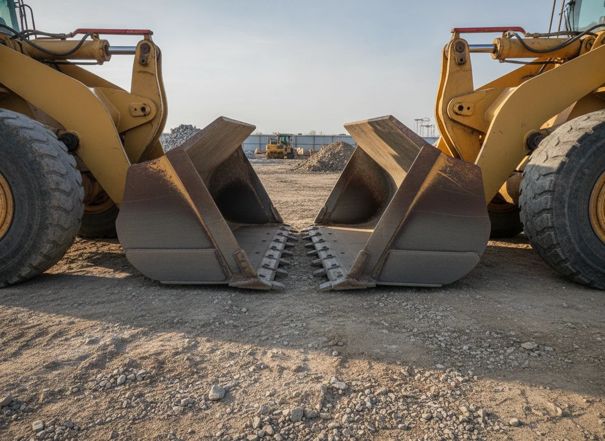 The bucket pivots and front track rollers of the two loaders sit side by side for inspection of clearance and ground contact.