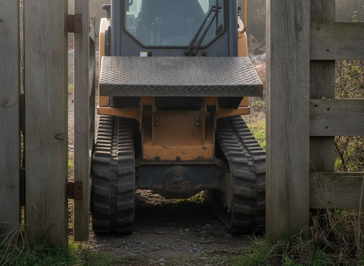 The outer edge of a rubber track clears the gate hinge while the rear operator platform remains within the gateposts.