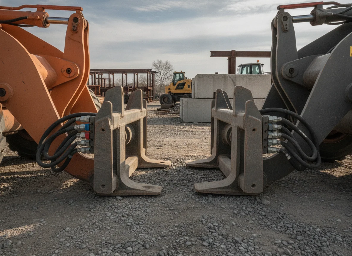 The front quick-attach plates and hydraulic couplers of the two loaders face each other, revealing their latch shapes and hose positions.