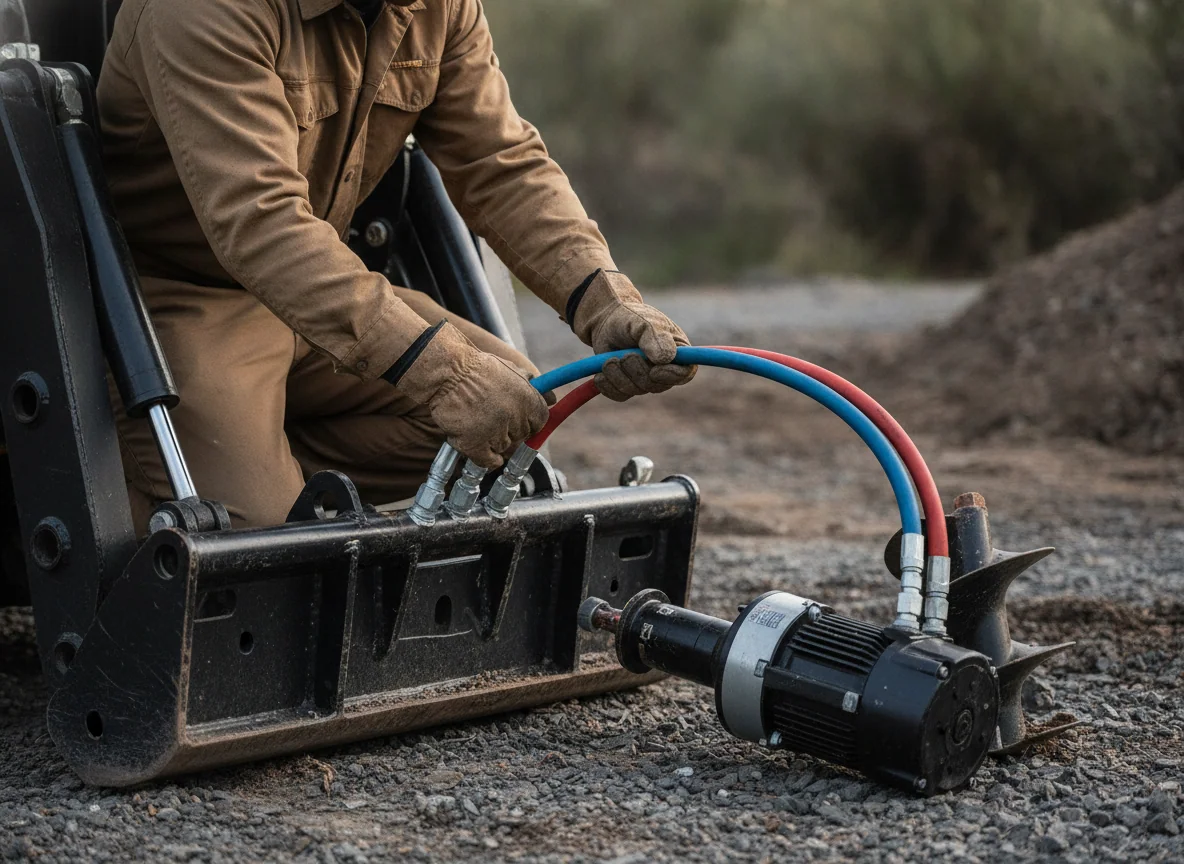 A worker connects two hydraulic hoses at the front couplers before mounting a powered auger to the quick-attach plate.