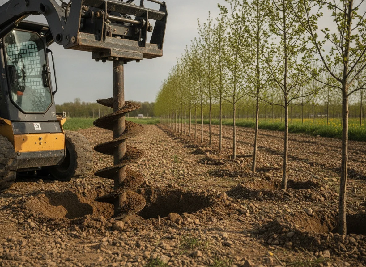 A hydraulic auger on a mini skid steer turns into soil beside a row of young trees, leaving a round planting hole.
