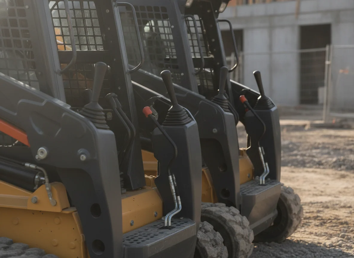 Two compact mini skid steers sit side by side with their control levers and standing platforms aligned for inspection.