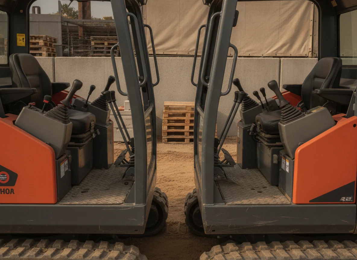 The two machines sit tail to tail with their operator platforms and control levers aligned for inspection of the standing space.