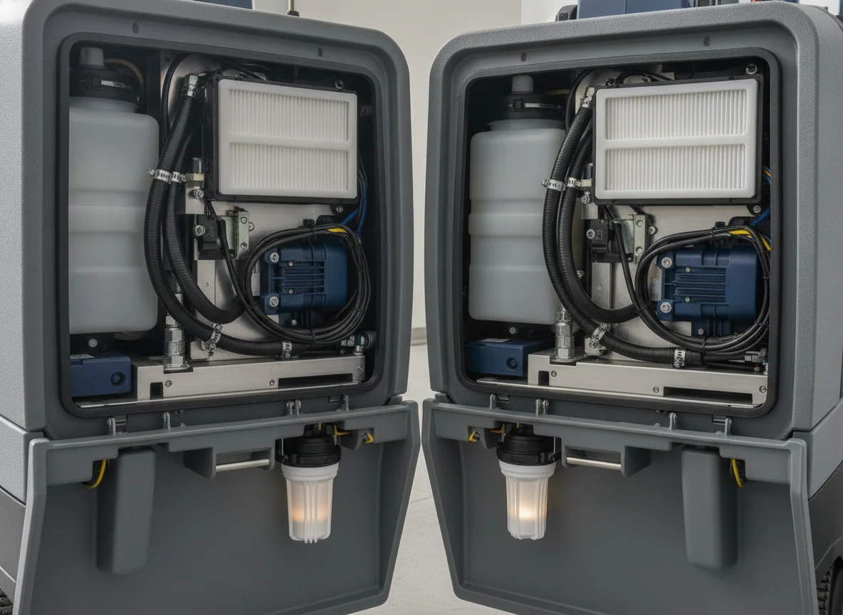 Both rear service covers stand open, showing the hose routes and filter positions within the compact engine bays.