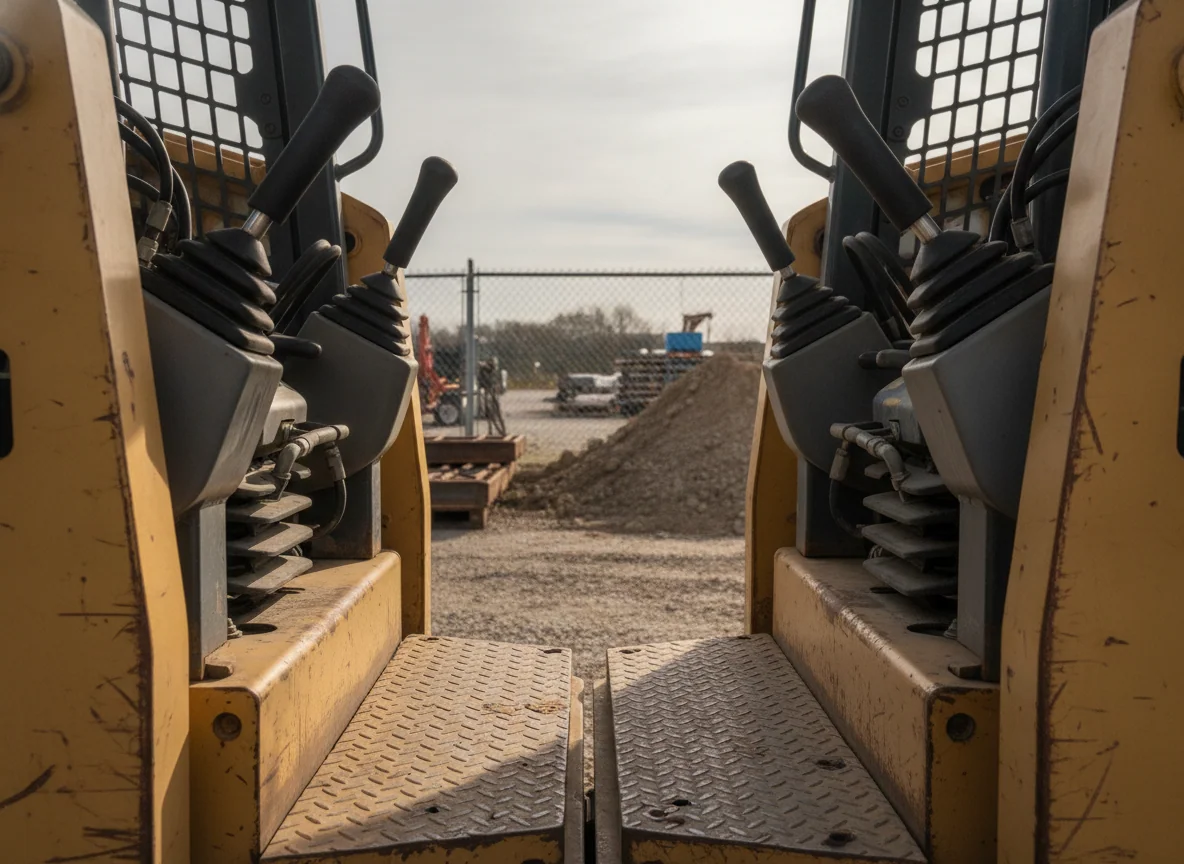 The rear control levers and standing platforms of two compact loaders line up side by side, with their spacing and platform depth visible.
