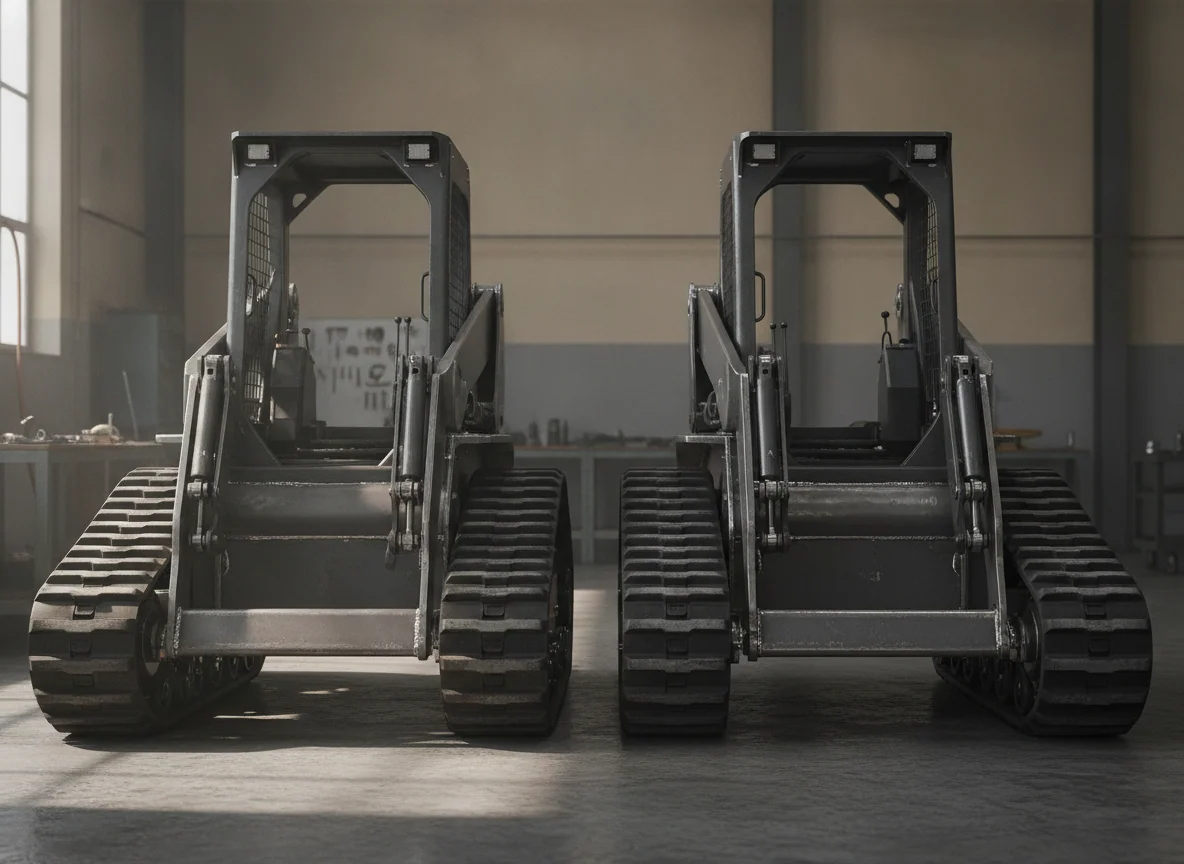 The welded loader frames and rubber track assemblies of both machines line up side by side for inspection.