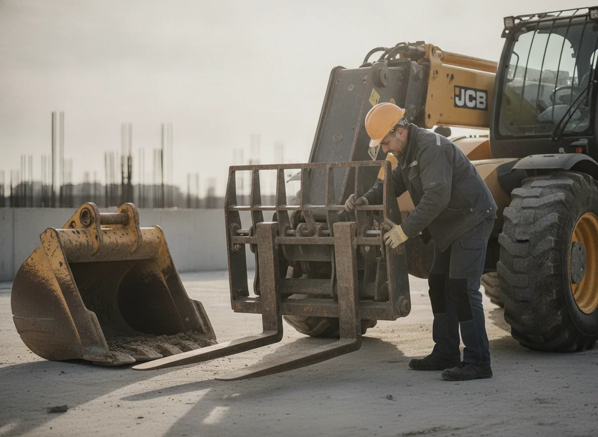 A worker locks pallet forks onto the quick-attach plate while the removed bucket rests nearby.
