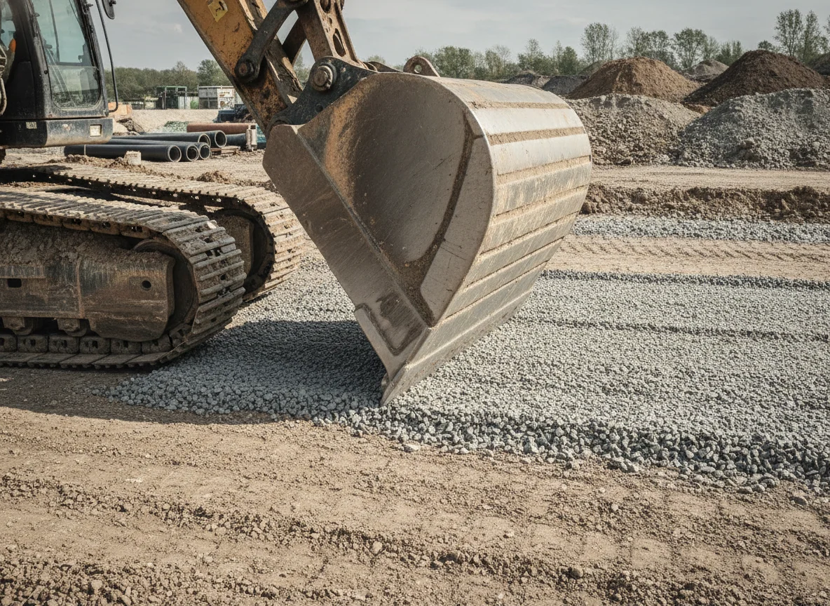 The bucket cutting edge skims the gravel while the tracks follow the newly flattened surface.