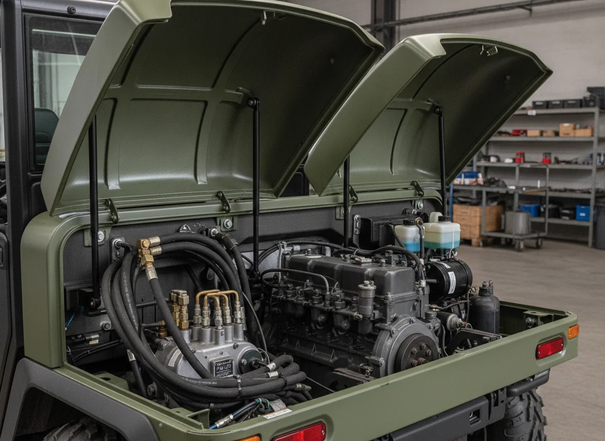 Both rear service covers are raised, exposing the hydraulic hoses and engine access openings for side-by-side inspection.