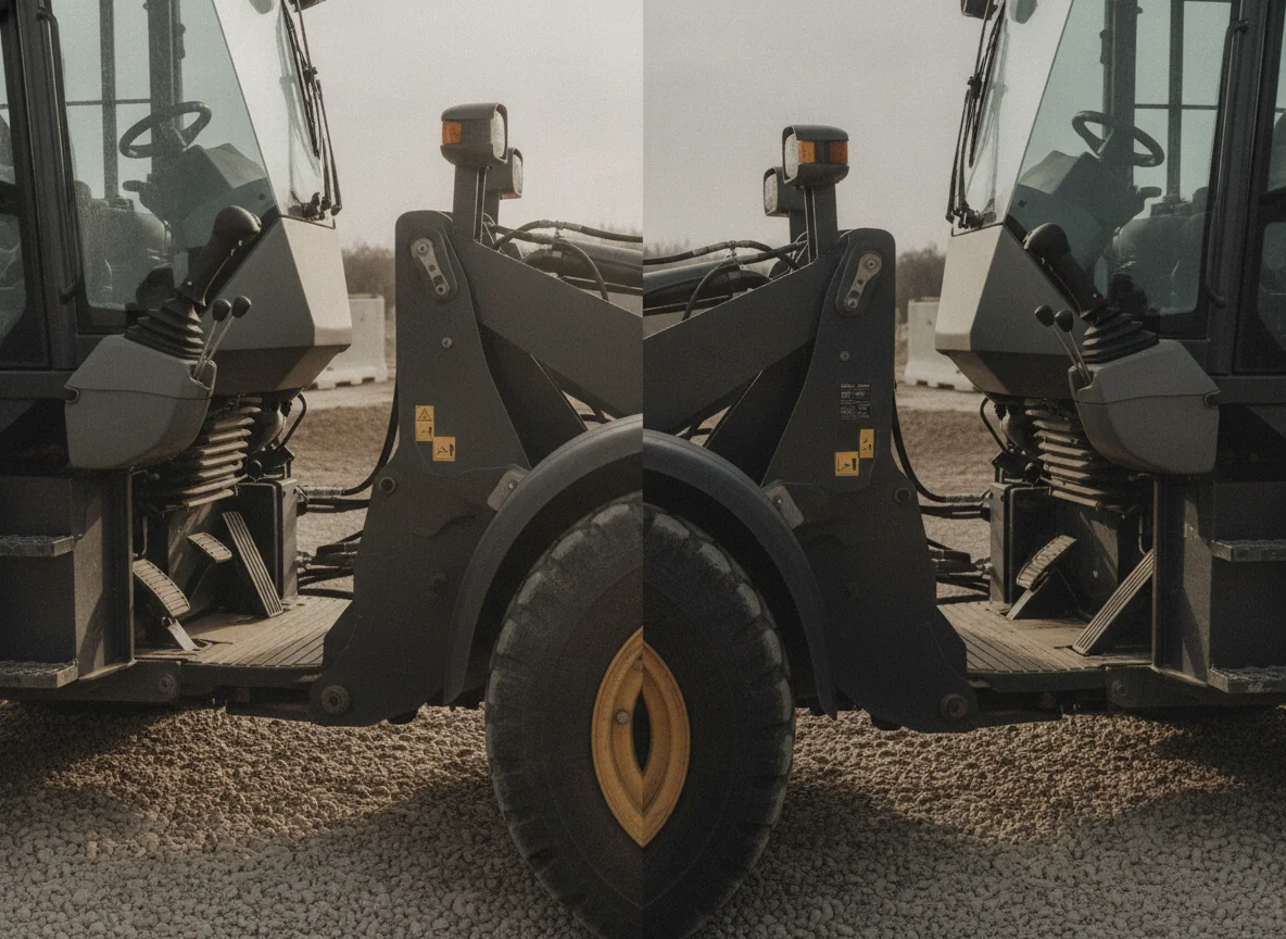 The control levers and foot platforms of both loaders sit at the same angle, revealing differences in hand spacing and standing room.