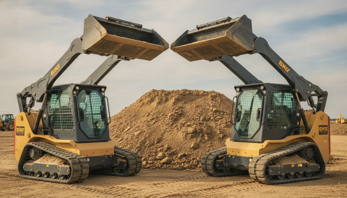 Two mid-sized tracked mini skid steers raise matching buckets beside the same soil pile, with their lift linkages and undercarriages visible.