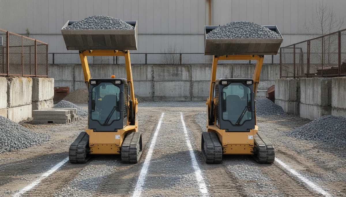 Two narrow tracked mini skid steers lift equal buckets of gravel in adjacent lanes of a compact test yard, with their lift heights and track stances visible side by side.