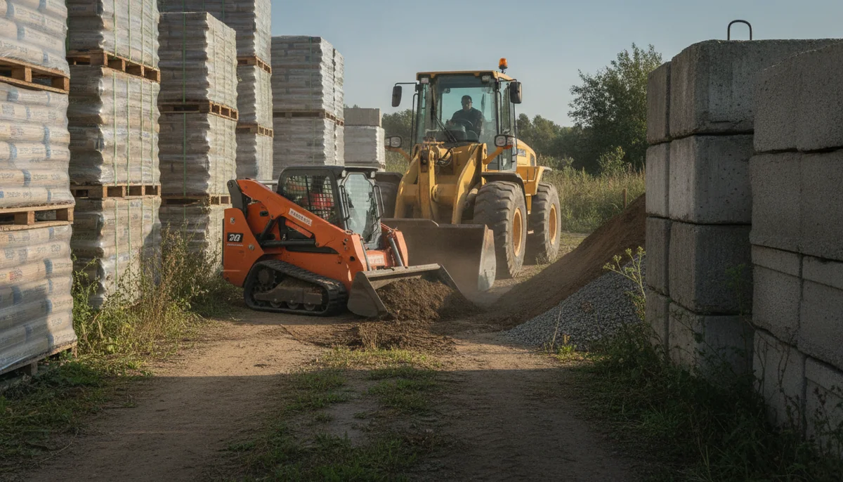 A mini skid steer is a powered wheelbarrow with a hydraulic tool carrier.